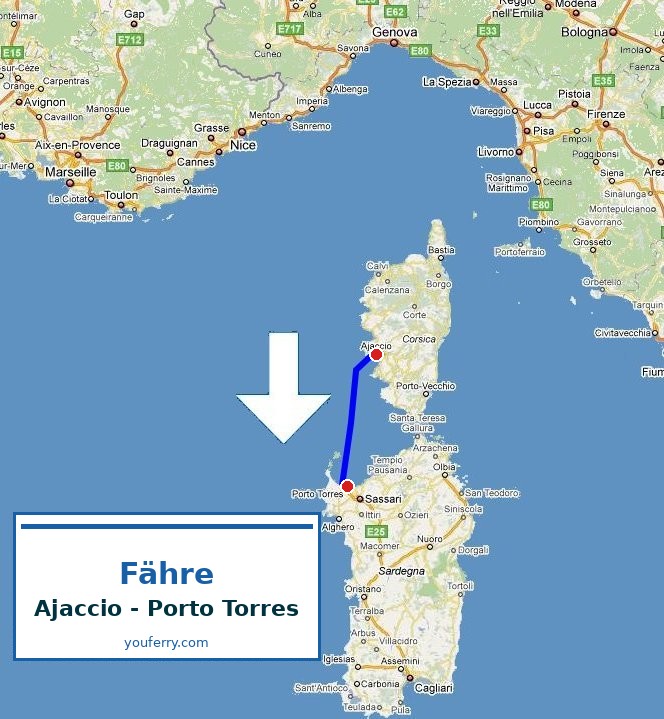 Karte der Route Fähre Ajaccio - Porto Torres