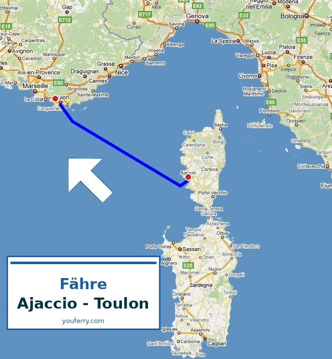 Karte der Route Fähre Ajaccio - Toulon