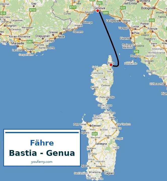 Karte der Route Fähre Bastia - Genua
