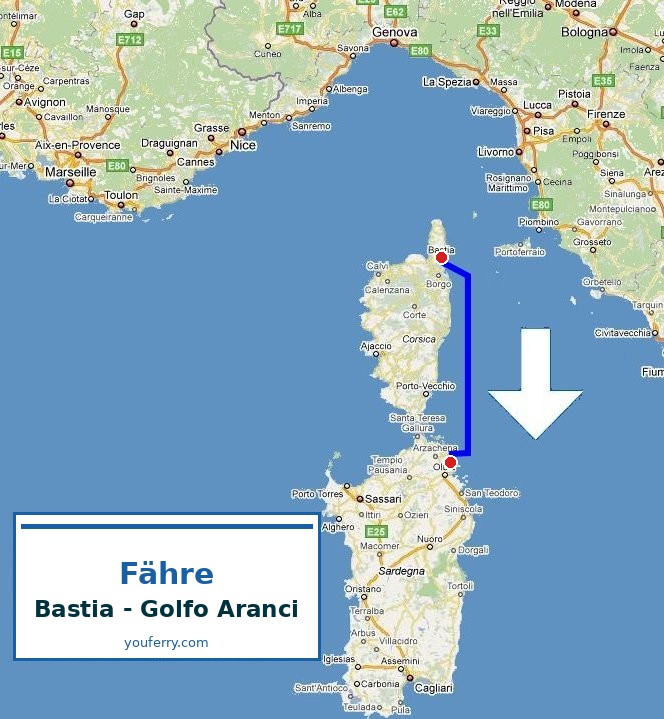 Karte der Route Fähre Bastia - Golfo Aranci