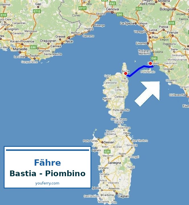 Karte der Route Fähre Bastia - Piombino