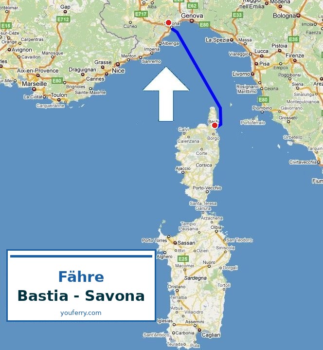 Karte der Route Fähre Bastia - Savona