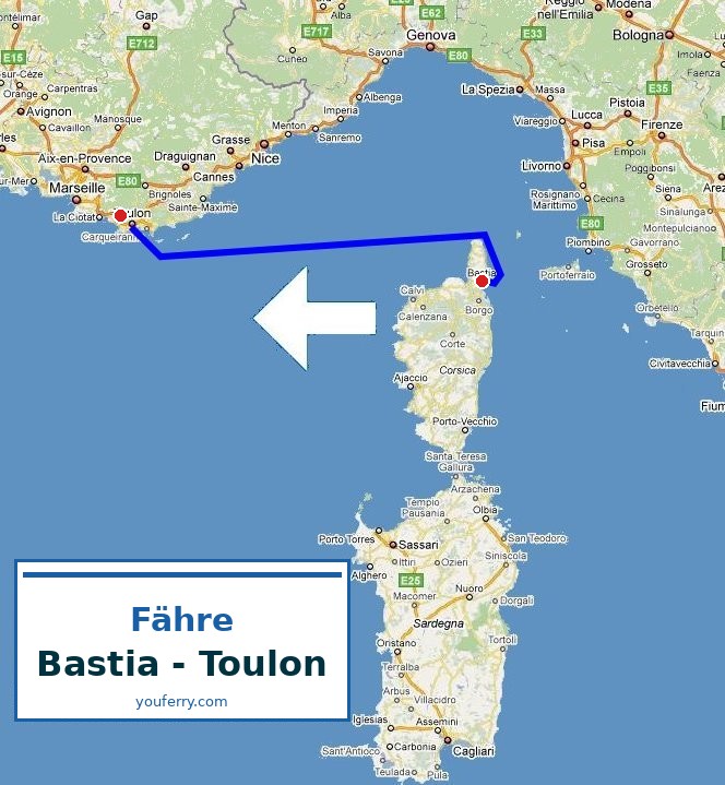Karte der Route Fähre Bastia - Toulon