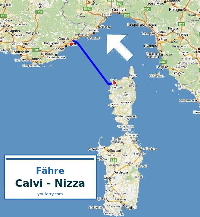 Karte der Route Fähre Calvi - Nizza