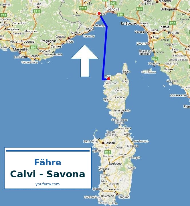 Karte der Route Fähre Calvi - Savona