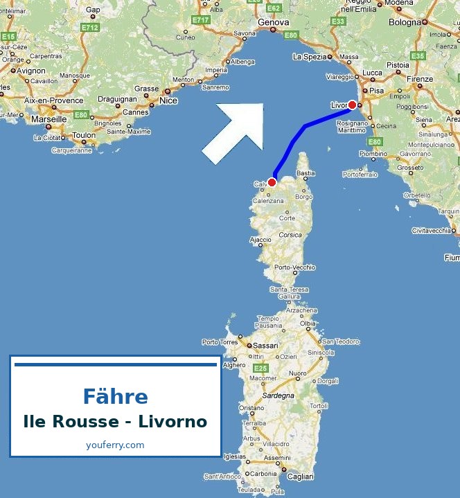 Karte der Route Fähre Ile Rousse - Livorno