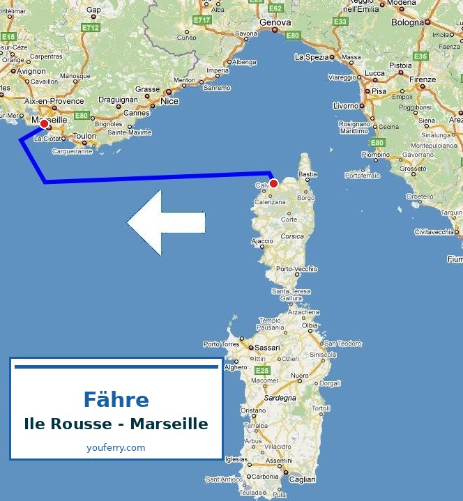 Karte der Route Fähre Ile Rousse - Marseille