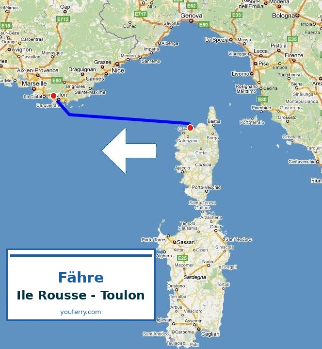 Karte der Route Fähre Ile Rousse - Toulon