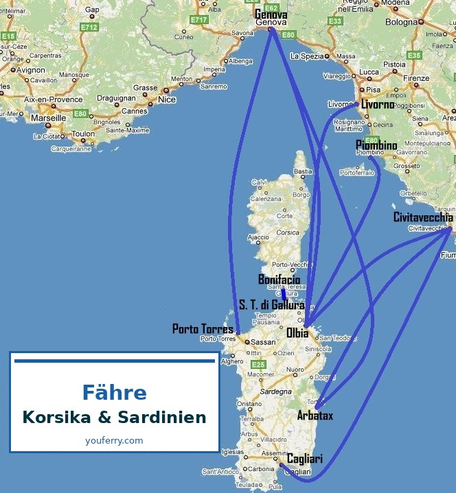 Fährverbindungen nach Korsika und Sardinien — Karte