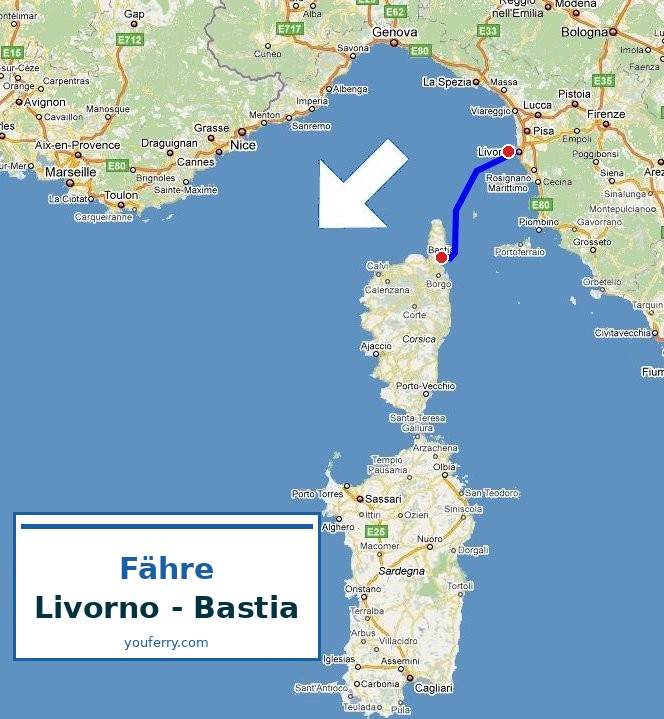 Karte der Route Fähre Livorno - Bastia