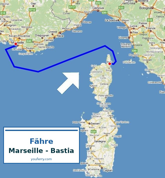 Karte der Route Fähre Marseille - Bastia