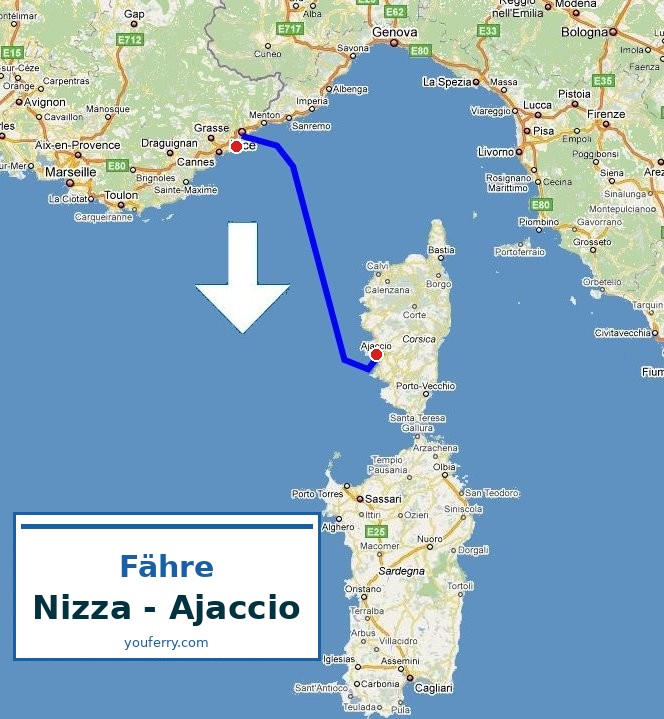 Karte der Route Fähre Nizza - Ajaccio
