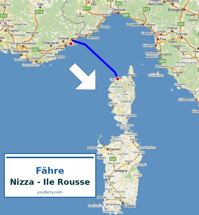 Karte der Route Fähre Nizza - Ile Rousse
