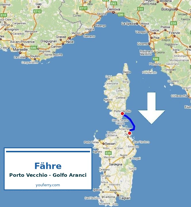 Karte der Route Fähre Porto Vecchio - Golfo Aranci