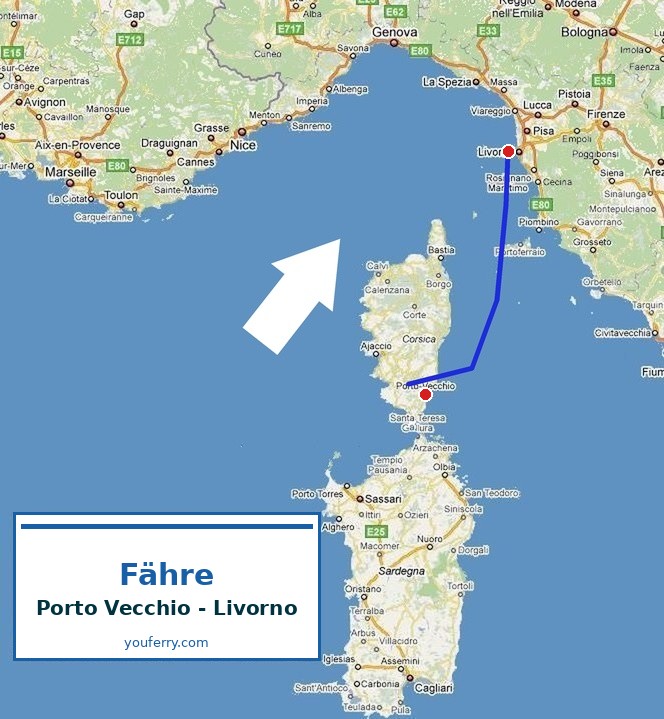 Karte der Route Fähre Porto Vecchio - Livorno