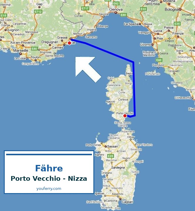 Karte der Route Fähre Porto Vecchio - Nizza