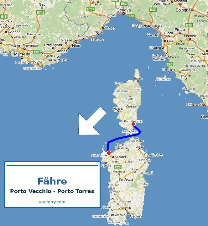 Karte der Route Fähre Porto Vecchio - Porto Torres