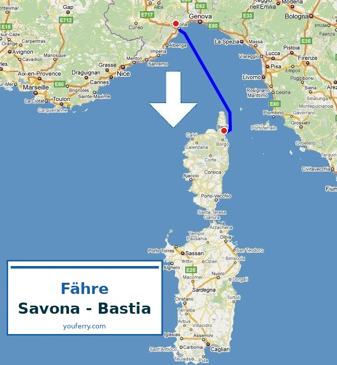 Karte der Route Fähre Savona - Bastia