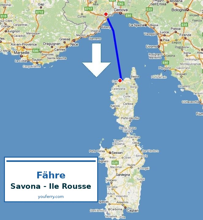 Karte der Route Fähre Savona - Ile Rousse