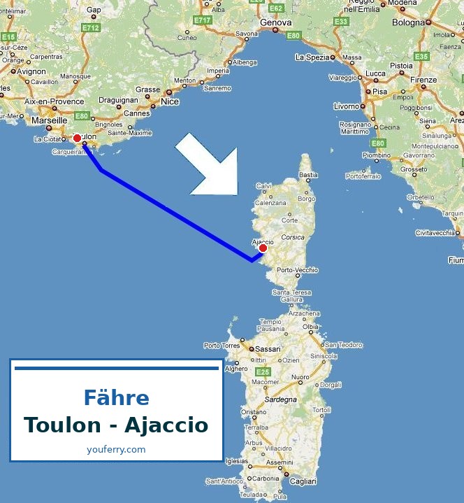 Karte der Route Fähre Toulon - Ajaccio