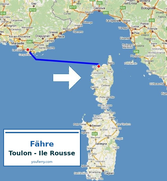 Karte der Route Fähre Toulon - Ile Rousse