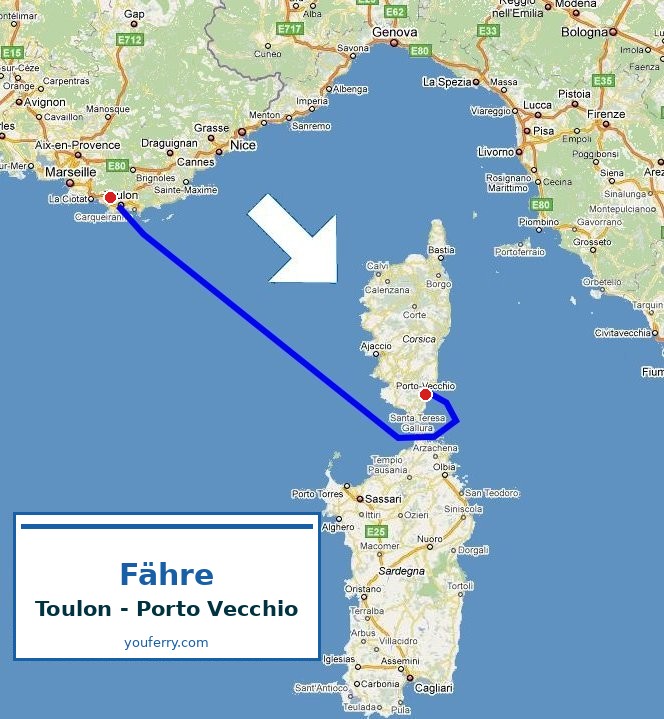Karte der Route Fähre Toulon - Porto Vecchio