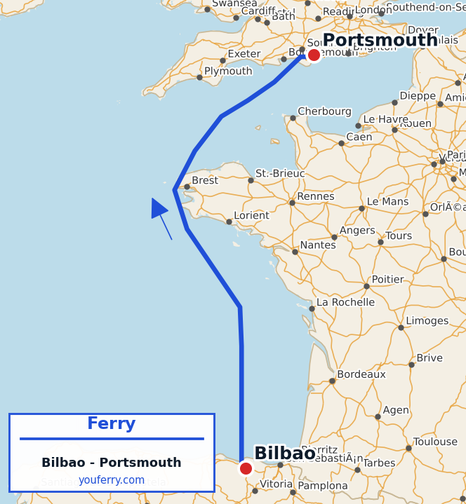Map of the Bilbao - Portsmouth ferry route