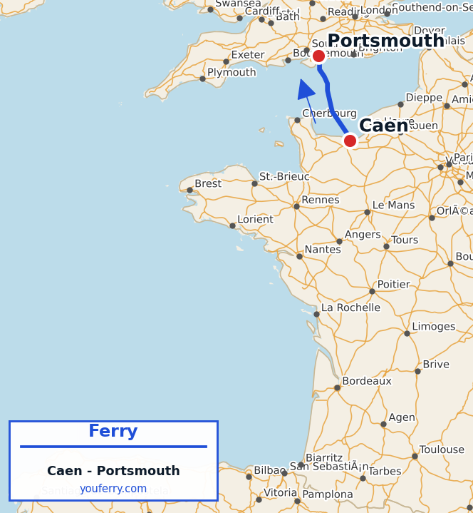 Map of the Caen - Portsmouth ferry route