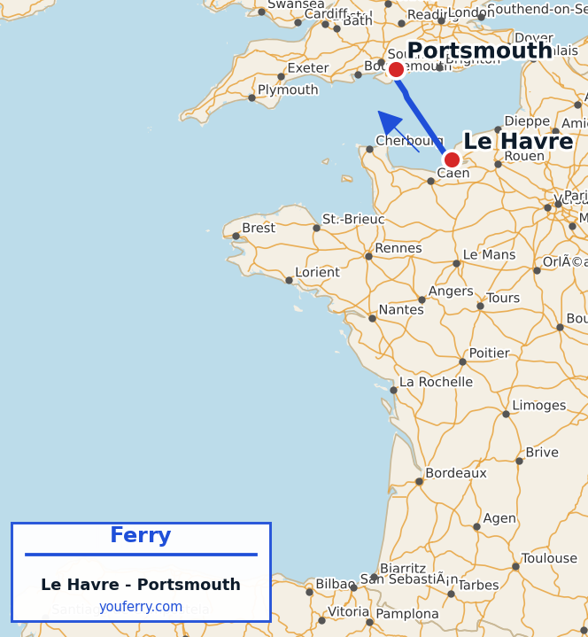 Map of the Le Havre - Portsmouth ferry route