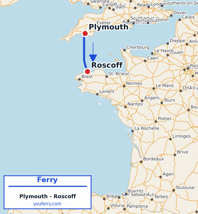 Map of the Plymouth - Roscoff ferry route