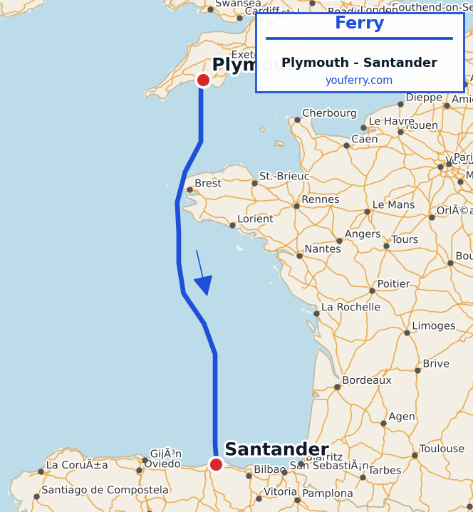 Map of the Plymouth - Santander ferry route