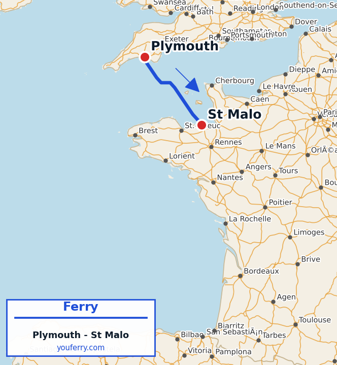 Map of the Plymouth - St Malo ferry route
