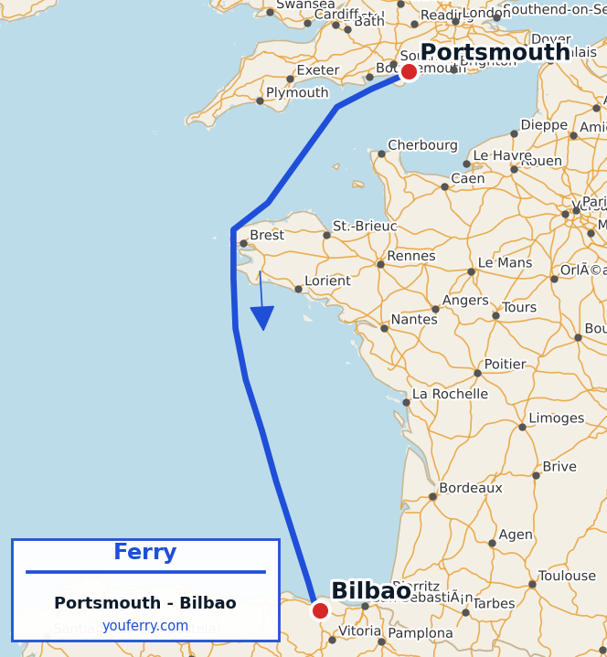 Map of the Portsmouth - Bilbao ferry route