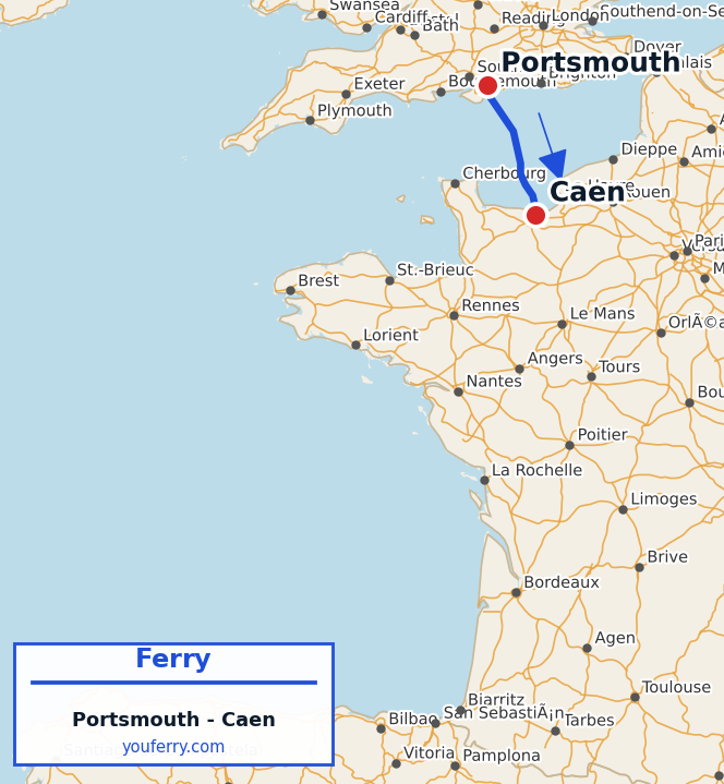 Map of the Portsmouth - Caen ferry route