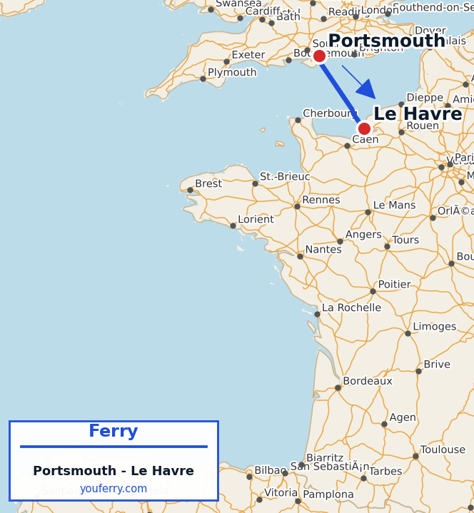 Map of the Portsmouth - Le Havre ferry route