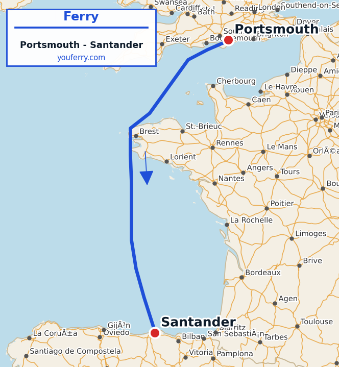 Map of the Portsmouth - Santander ferry route