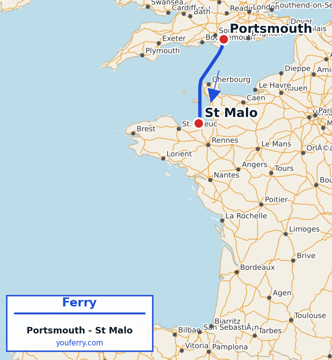 Map of the Portsmouth - St Malo ferry route