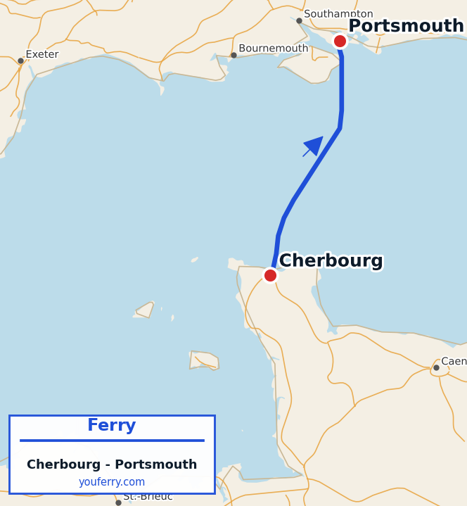 Map of the Cherbourg - Portsmouth ferry route