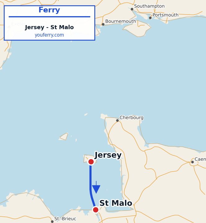 Map of the Jersey - St Malo ferry route