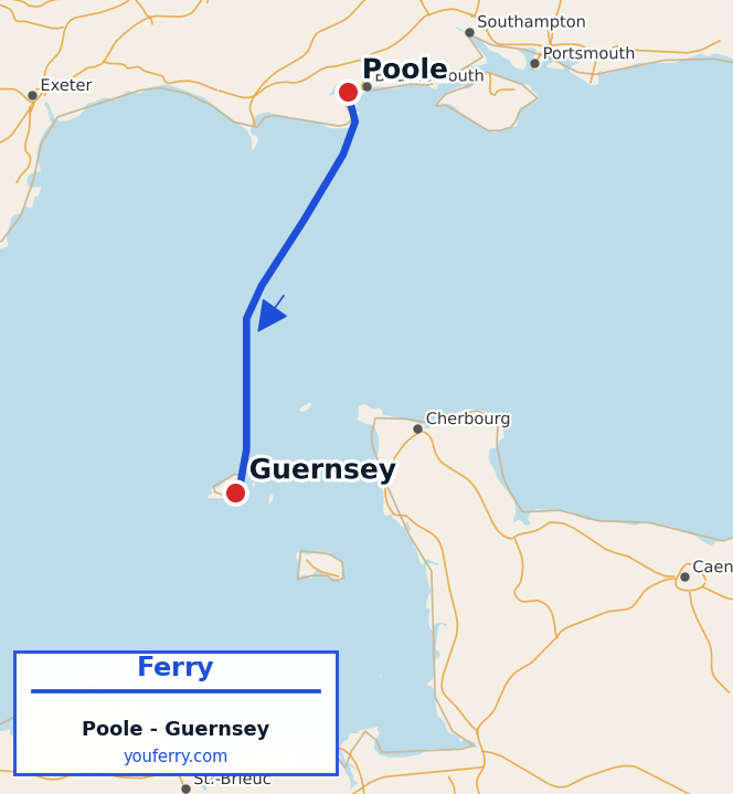 Map of the Poole - Guernsey ferry route