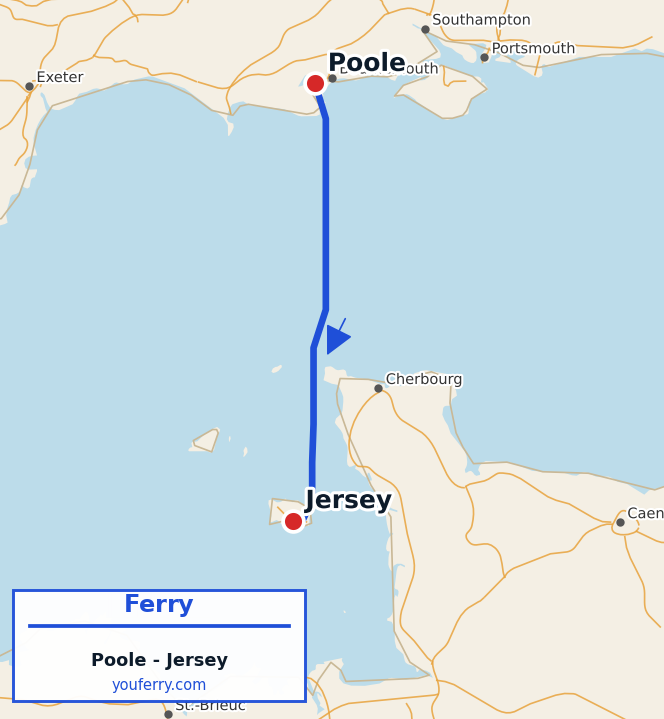 Map of the Poole - Jersey ferry route