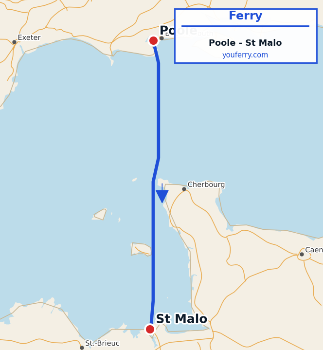Map of the Poole - St Malo ferry route