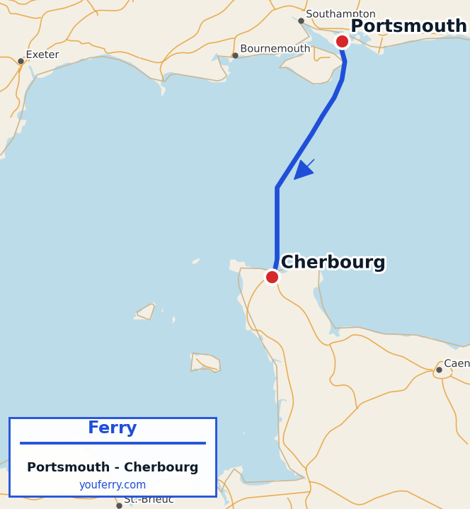 Map of the Portsmouth - Cherbourg ferry route
