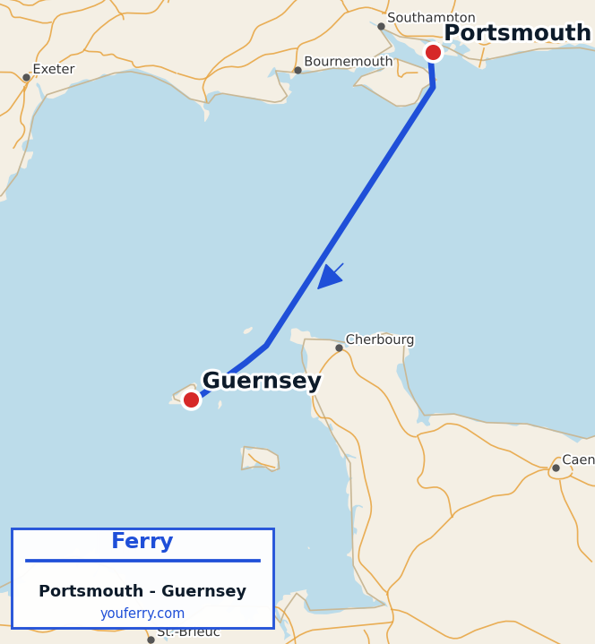 Map of the Portsmouth - Guernsey ferry route