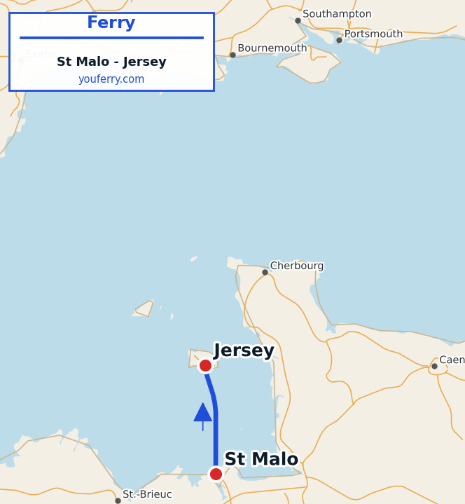 Map of the St Malo - Jersey ferry route