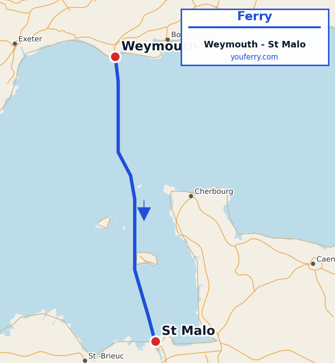 Map of the Weymouth - St Malo ferry route