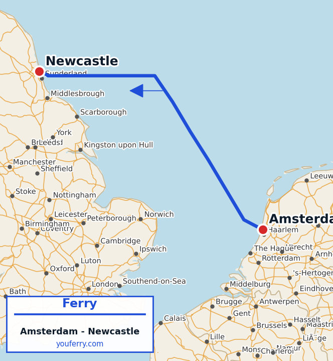 Map of the Amsterdam - Newcastle ferry route