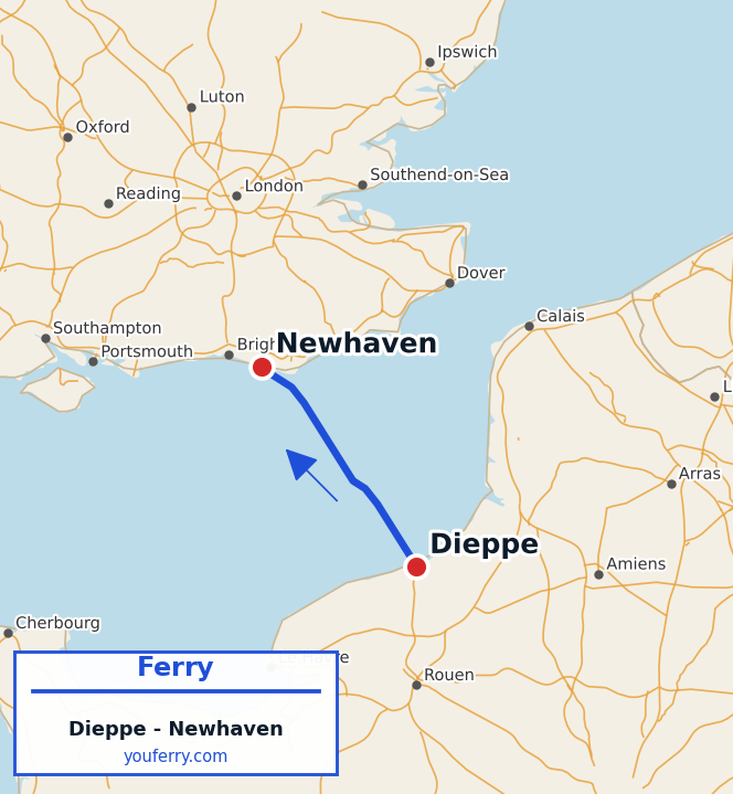Map of the Dieppe - Newhaven ferry route