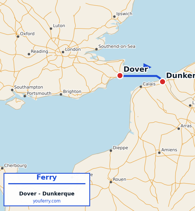 Map of the Dover - Dunkirk ferry route