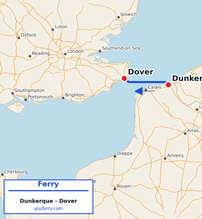 Map of the Dunkirk - Dover ferry route